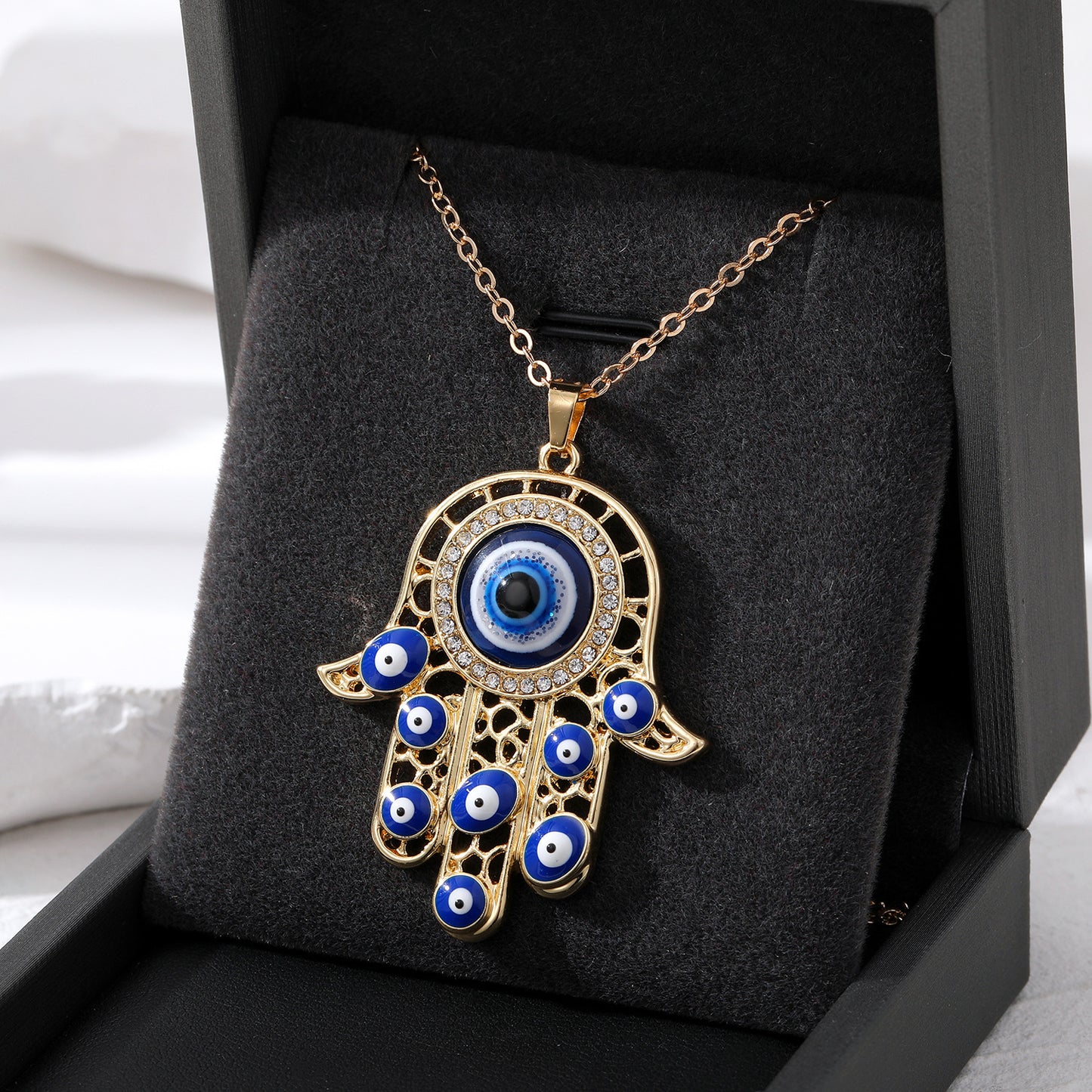 Vintage Ethnic Style Devil's Eye Necklace Fatima's Hand Hollow Turkish Blue Eyes Pendant