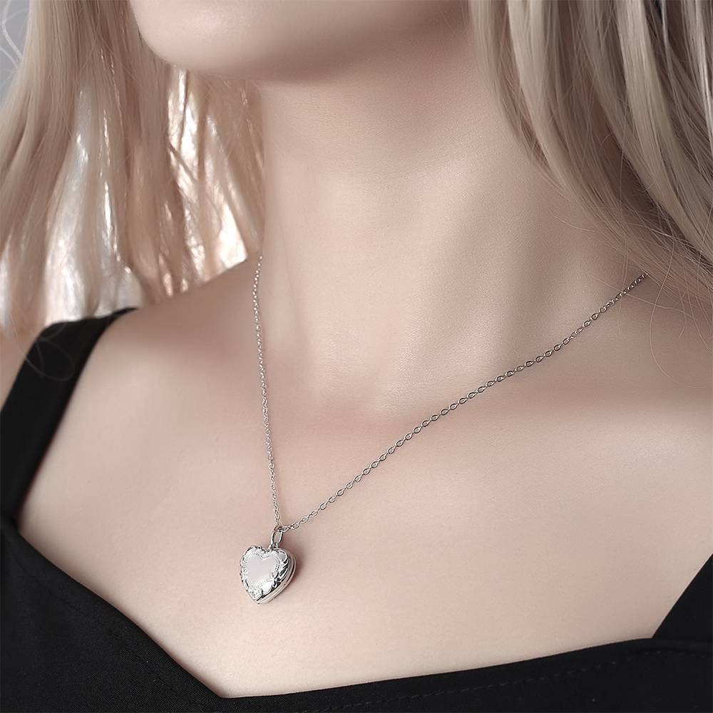 Embossed Heart Photo Locket Necklace with Engraving Platinum Plated Gift