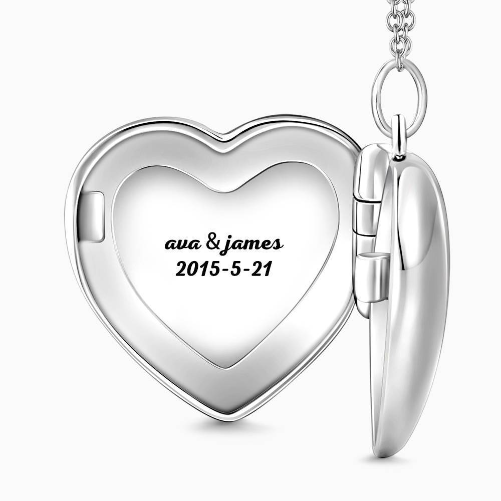 Embossed Heart Photo Locket Necklace with Engraving Platinum Plated Gift