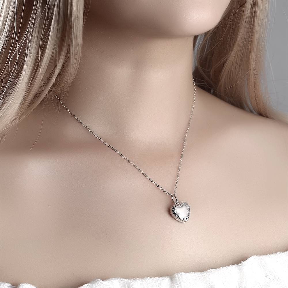 Embossed Heart Photo Locket Necklace with Engraving Platinum Plated Gift