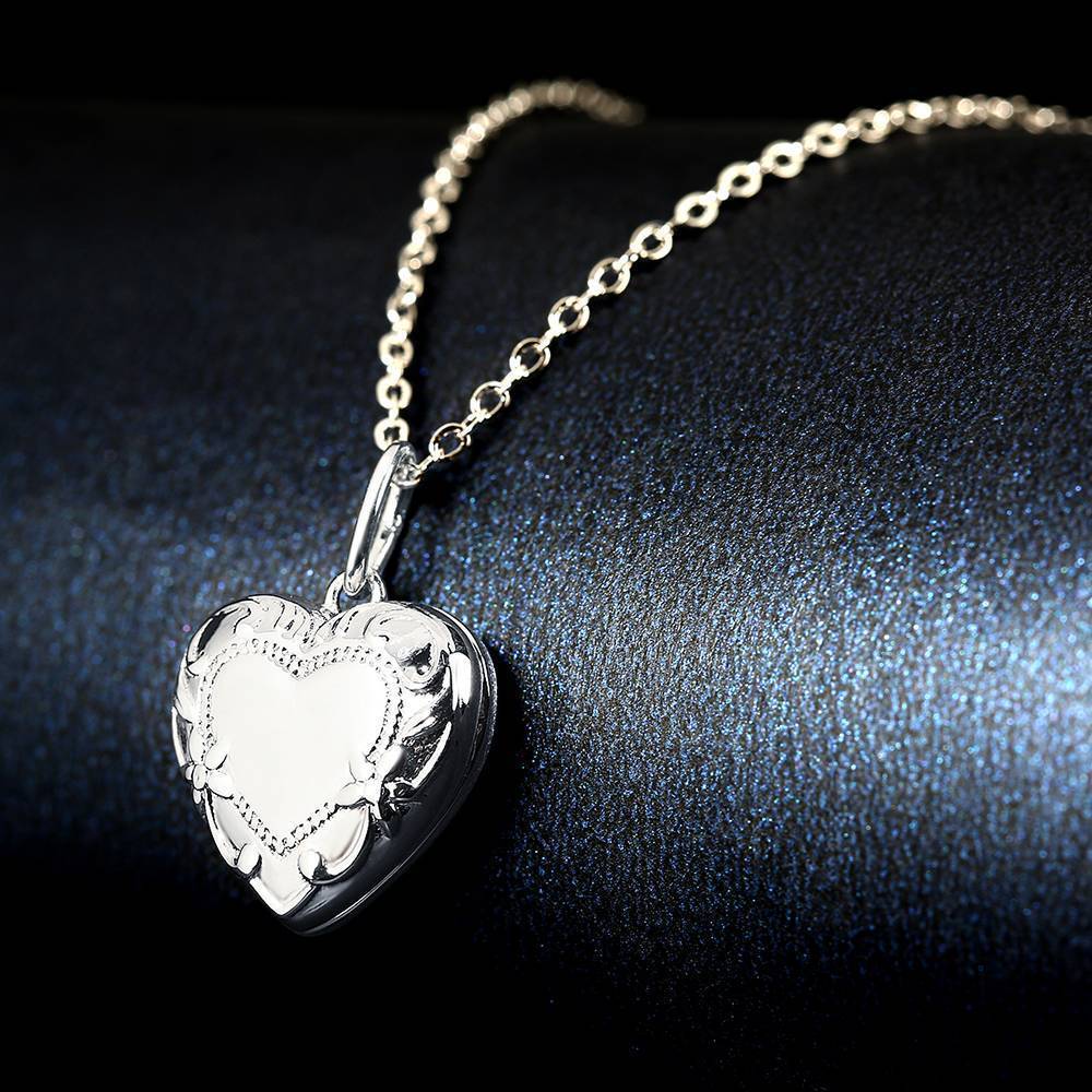 Embossed Heart Photo Locket Necklace with Engraving Platinum Plated Gift