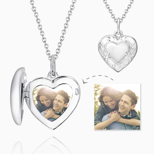 Embossed Heart Photo Locket Necklace with Engraving Platinum Plated  Gift