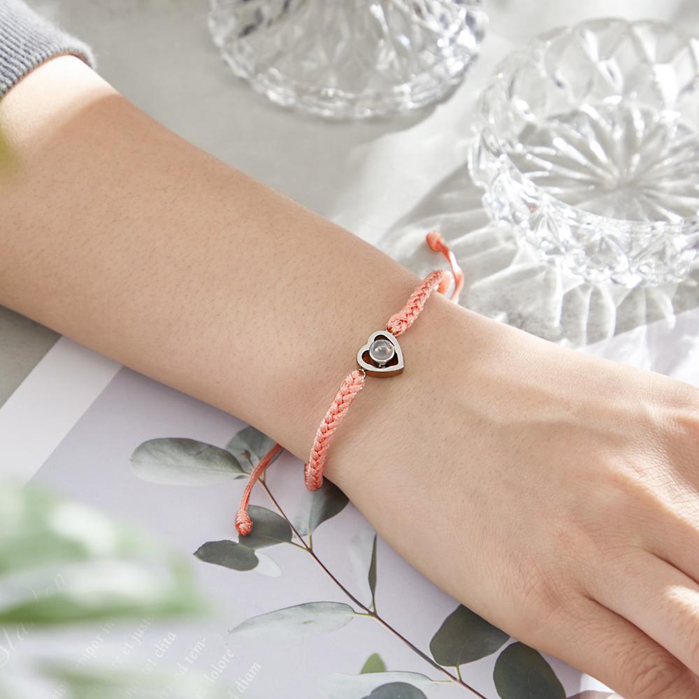Custom Heart-shaped Photo Projection Bracelet Braided Rope Bracelet Anniversary Gift