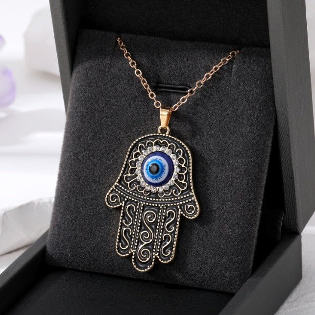 Vintage Ethnic Style Devil's Eye Necklace Fatima's Hand Hollow Turkish Blue Eyes Pendant