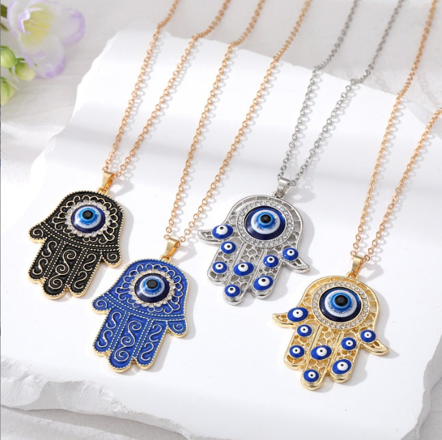 Vintage Ethnic Style Devil's Eye Necklace Fatima's Hand Hollow Turkish Blue Eyes Pendant