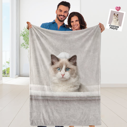 Personalized Photo Blanket Custom Cat Pet Human in Bathtub Funny Blanket for Sofa Bed