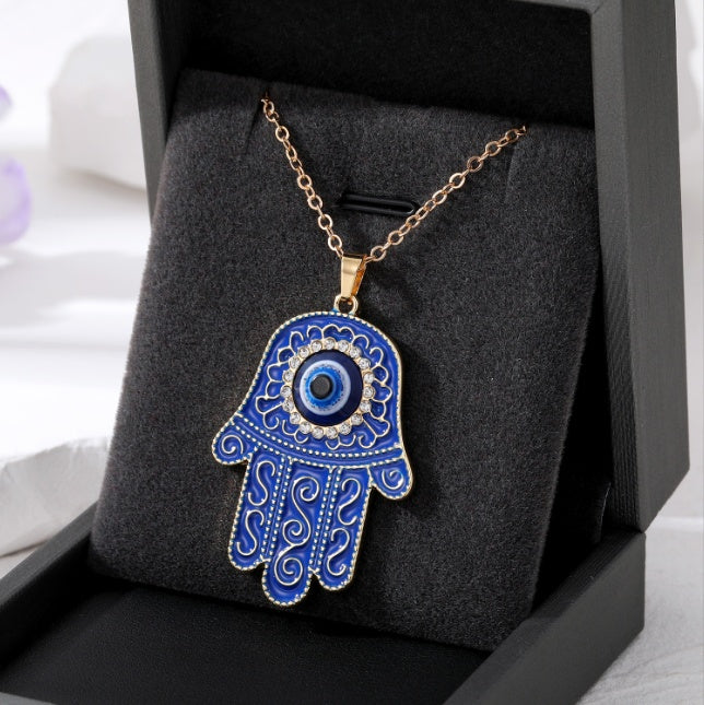 Vintage Ethnic Style Devil's Eye Necklace Fatima's Hand Hollow Turkish Blue Eyes Pendant