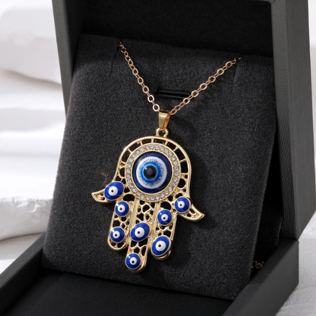 Vintage Ethnic Style Devil's Eye Necklace Fatima's Hand Hollow Turkish Blue Eyes Pendant