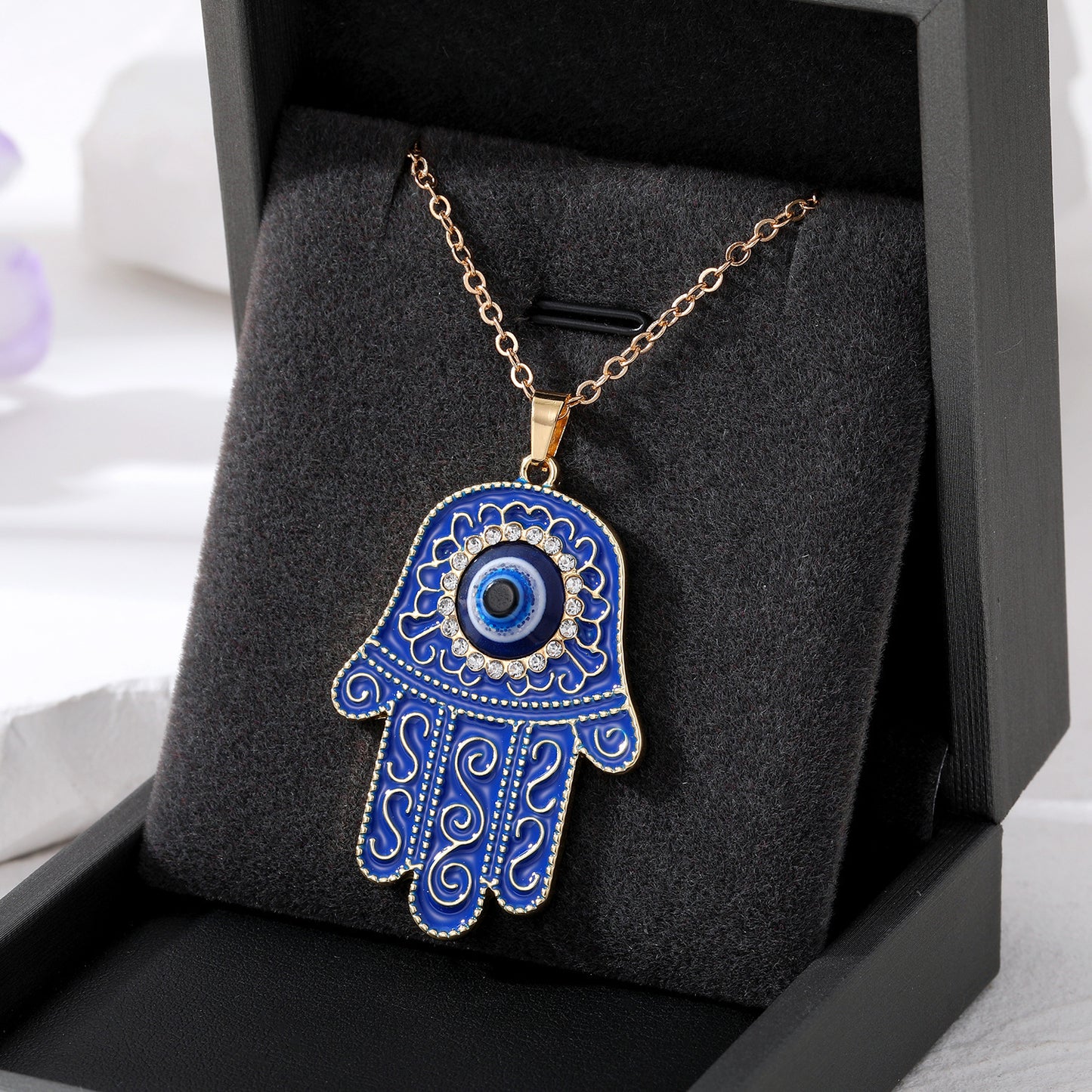 Vintage Ethnic Style Devil's Eye Necklace Fatima's Hand Hollow Turkish Blue Eyes Pendant
