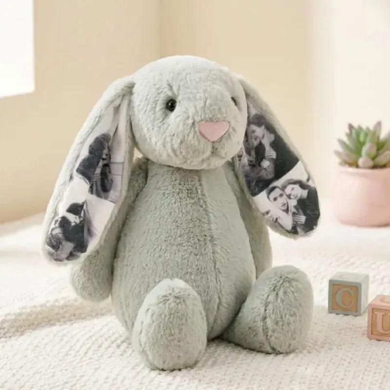 Custom Photo Bunny Plush Personalized Hidden Ear Picture Gift for Couples Anniversary Mother's Day Gifts (Production Time: 15 workdays)