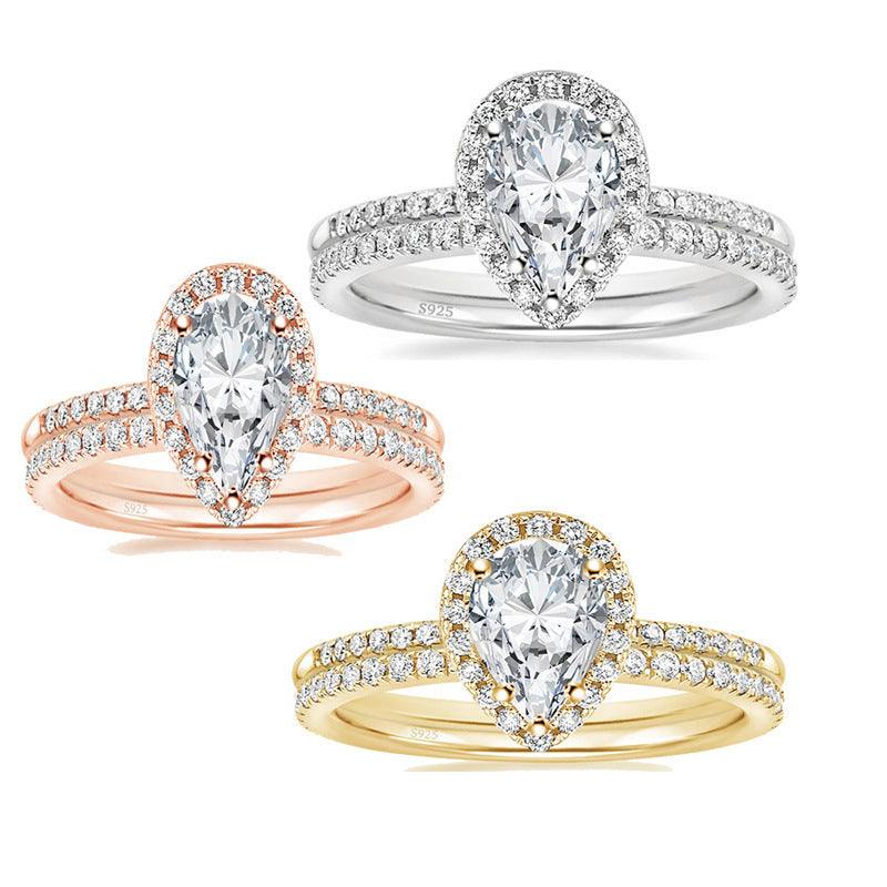 S925 Silver Inlaid Water Drop Pear-shaped Zircon Women's Ring