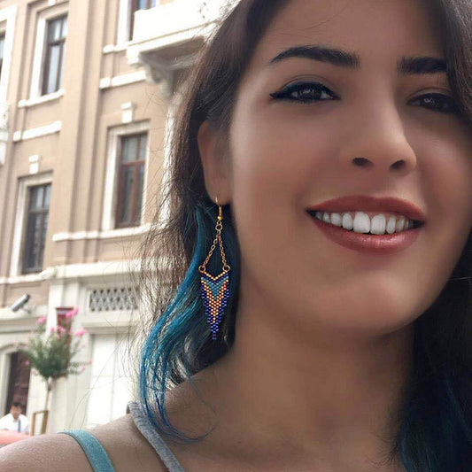 Turkish blue hand-woven geometric earrings