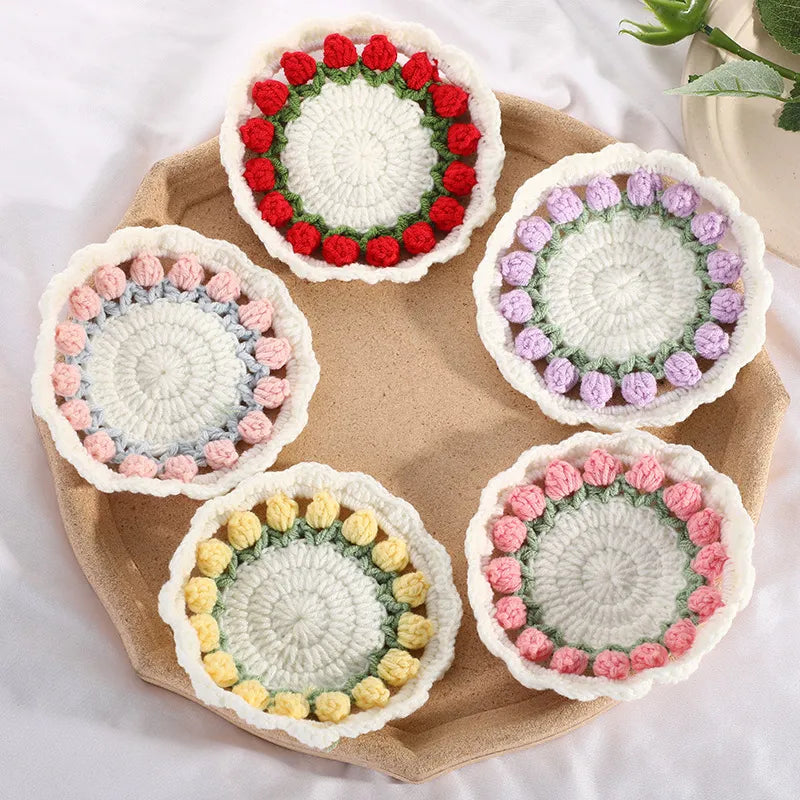 Mother's Day Gifts Handmade Crochet Tulip Coaster Set with Transformable Floral Design Eco-Friendly Home Decor