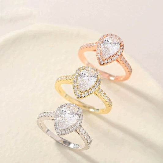 S925 Silver Inlaid Water Drop Pear-shaped Zircon Women's Ring