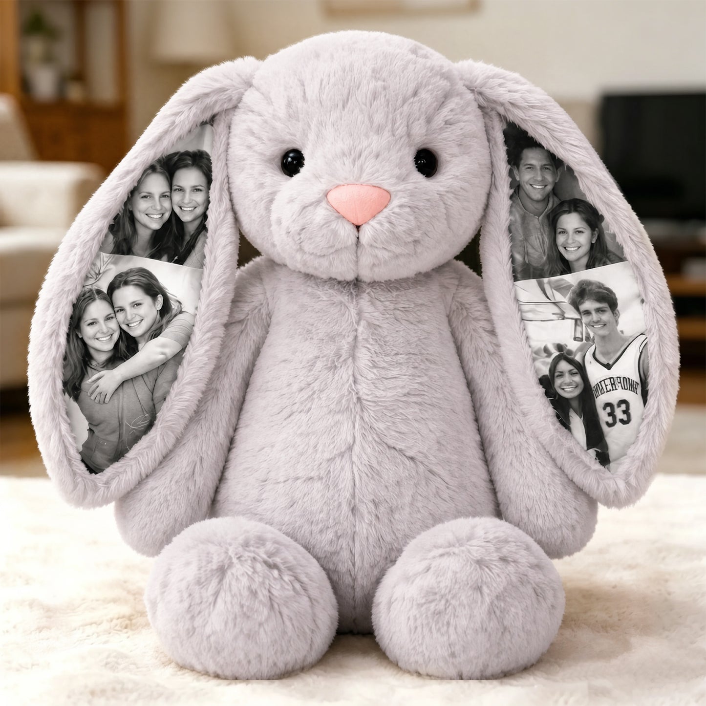 Custom Photo Bunny Plush Personalized Hidden Ear Picture Gift for Couples Anniversary Mother's Day Gifts (Production Time: 15 workdays)