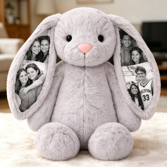 Custom Photo Bunny Plush Personalized Hidden Ear Picture Gift for Couples Anniversary Mother's Day Gifts (Production Time: 15 workdays)