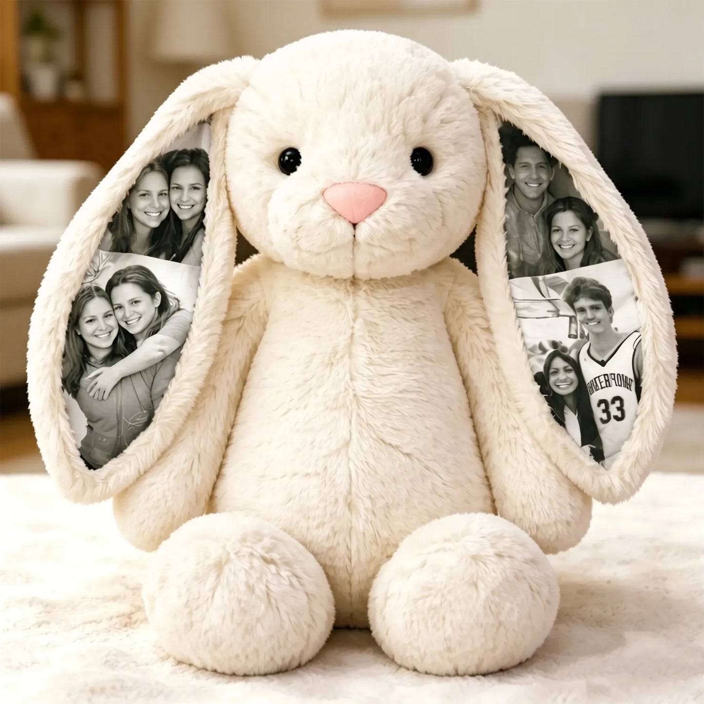 Custom Photo Bunny Plush Personalized Hidden Ear Picture Gift for Couples Anniversary Mother's Day Gifts (Production Time: 15 workdays)