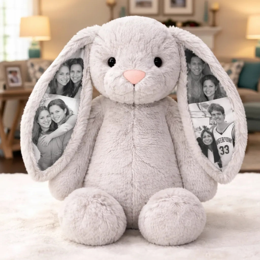 Custom Photo Bunny Plush Personalized Hidden Ear Picture Gift for Couples Anniversary Mother's Day Gifts (Production Time: 15 workdays)