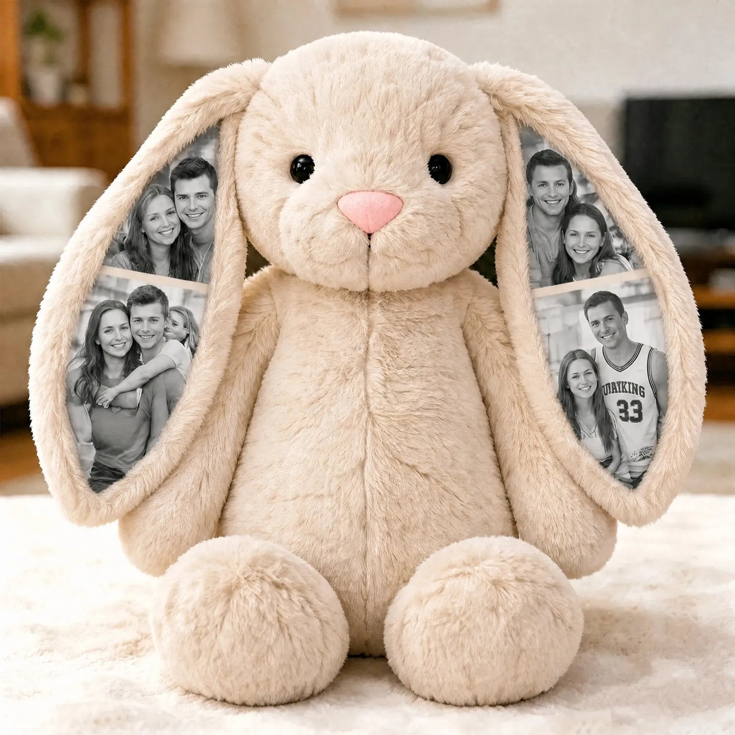 Custom Photo Bunny Plush Personalized Hidden Ear Picture Gift for Couples Anniversary Mother's Day Gifts (Production Time: 15 workdays)