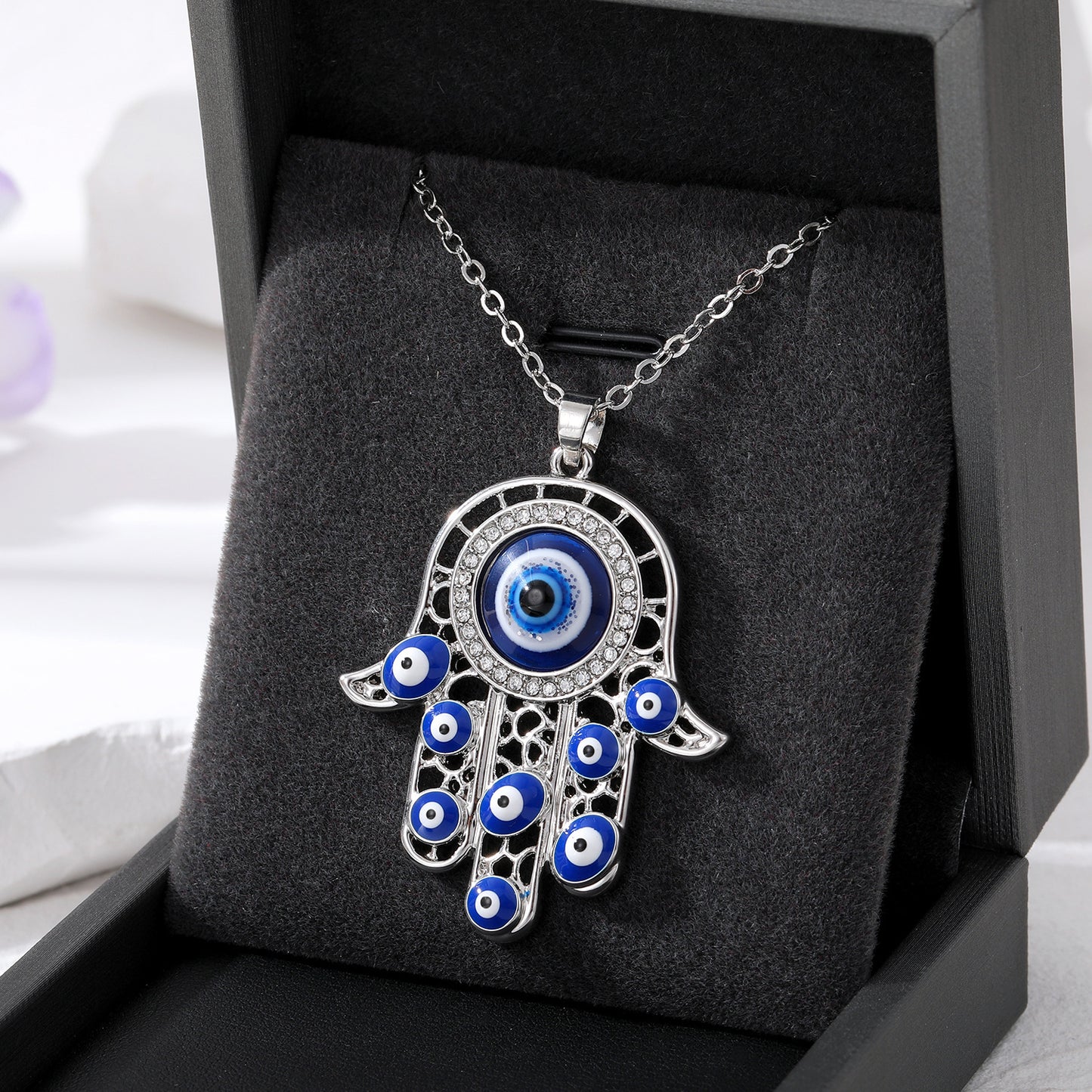 Vintage Ethnic Style Devil's Eye Necklace Fatima's Hand Hollow Turkish Blue Eyes Pendant